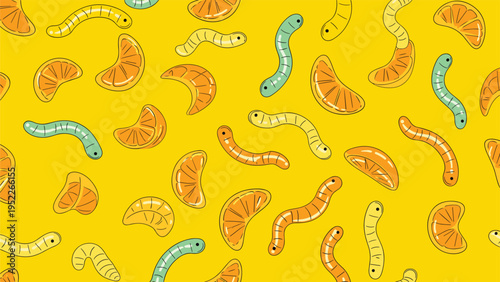 Fun candy pattern features colorful gummy worms and bright orange fruit slices scattered on a vibrant yellow background for kids.