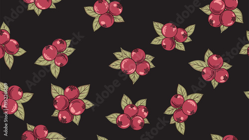 Elegant botanical illustration shows clusters of ripe red cranberries with green leaves arranged in a pattern on a dark background.