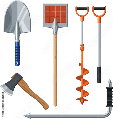 Heavy Duty Construction and Gardening Tools Set with Shovel, Tile Spade, Auger Drill, Axe, Crowbar, and D Handle Shovels Isolated for Work Equipment