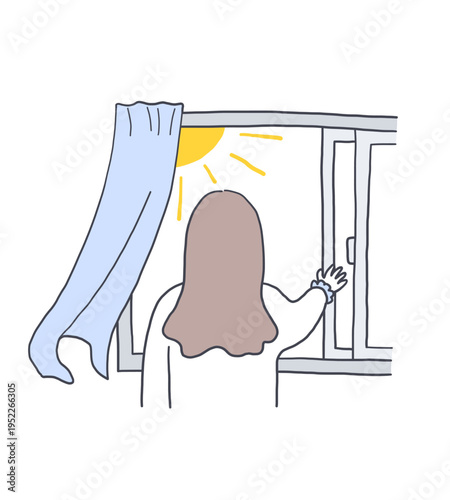窓を開けて換気をしている後ろ姿の女性のイラスト素材