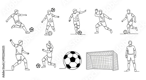 Line art illustrations of soccer players in various action poses, along with a football and a goal net, depicting different movements and equipment.