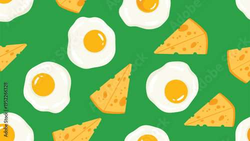 Fun breakfast food pattern includes sunny-side up fried eggs and triangular wedges of yellow cheese on a solid green background.