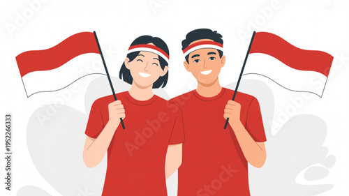 Two people holding indonesian flags smiling and wearing red shirts and headbands on white background