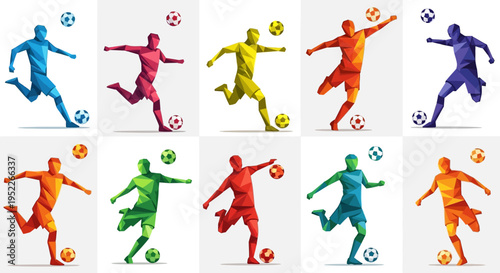 A vibrant grid of ten stylized geometric soccer players in various colors, each depicted in action kicking a football, with small soccer balls floating around them.