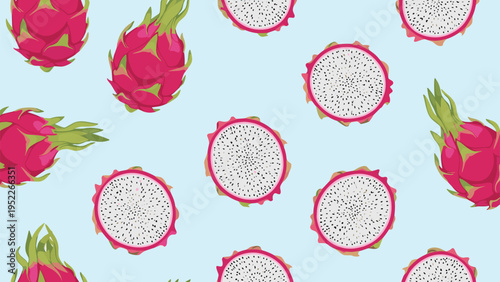 Dragon fruit pattern showcases whole pink pitaya and cross-section slices with white flesh and black seeds on a light blue background.