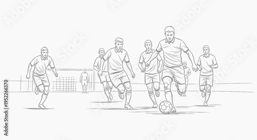 Detailed line drawing of a dynamic soccer match with multiple players on the field, one dribbling the ball towards the goal.