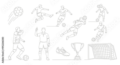 Line art illustrations of soccer players in various poses, a referee, a ball, a goal, a trophy, and a shoe, depicting the sport of football.