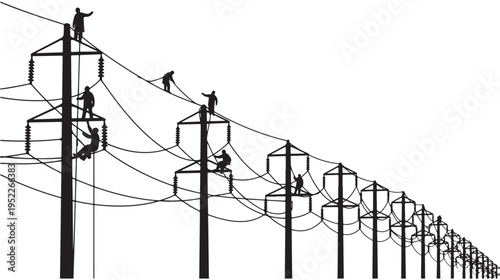 Linemen Working on Electricity Poles Silhouette Vector Illustration