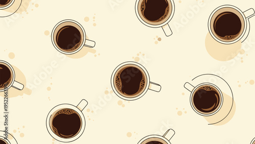 Top-down view of coffee cups filled with dark espresso creates a seamless pattern on a light beige background with coffee stains.