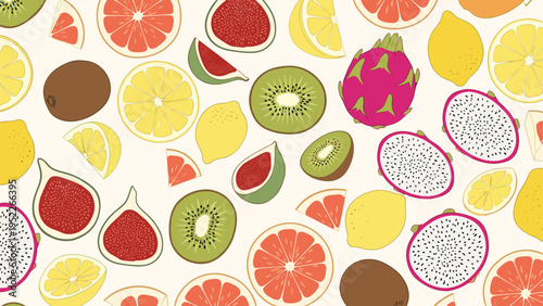 Mixed tropical fruit pattern includes dragon fruit, figs, kiwi, lemons, and citrus slices arranged on a light cream-colored backdrop.