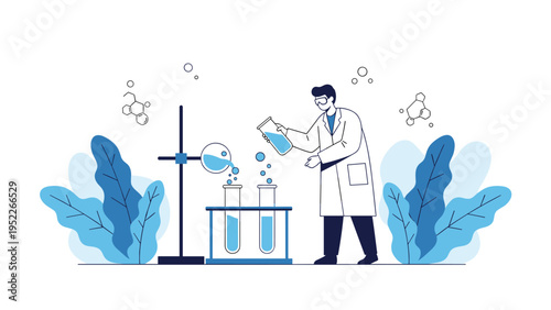 Male scientist in a white lab coat conducts chemical experiments with test tubes and flasks in a stylized botanical laboratory setting.