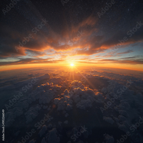Sunrise over clouds with rays of light from above and starry sky
