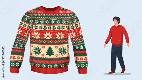 Festive holiday sweater with traditional Christmas patterns is displayed next to a person wearing a simple red pullover on blue.