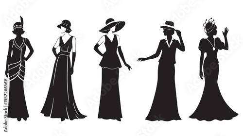 Flapper Women Fashion Silhouettes Posing in Elegant 1920s Dresses and Hats, Isolated on White Vector
