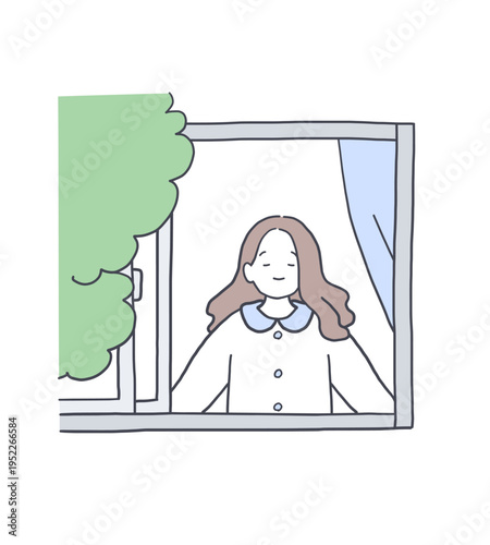 窓を開けて深呼吸をしている女性のイラスト素材