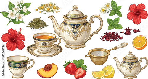 Herbal Tea and Teaware Illustration Set with Vintage Teapot, Teacups, Chamomile, Hibiscus, Mint, Lemon, Peach, and Strawberry Ingredients for Menu and Packaging