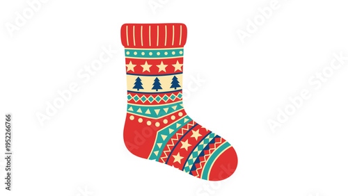 Colorful Christmas stocking features festive knitted patterns with stars, pine trees, and geometric shapes in a traditional style.