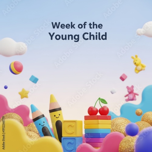 Week of the Young Child 3D illustration with toys and blocks