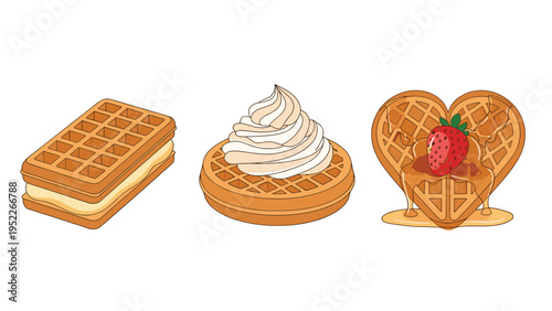 Delicious waffle assortment includes a cream-filled sandwich, a waffle with whipped cream, and a heart-shaped waffle with fruit.