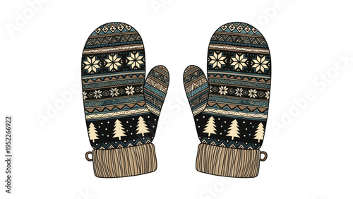 Pair of cozy knitted mittens displays an intricate fair isle pattern with stars and pine trees in shades of blue, brown, and tan.