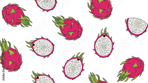 Refreshing dragon fruit pattern displays whole pink fruits and white-fleshed slices scattered across a clean white background.