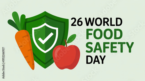 World food safety day banner with shield carrot and apple promoting healthy eating and food security awareness globally