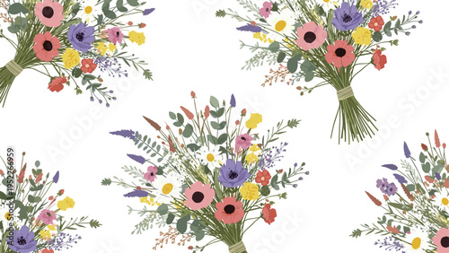 Beautiful wildflower bouquet pattern shows multiple clusters of colorful anemones, daisies, and lavender on a white background.