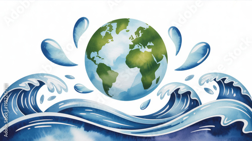 Earth globe surrounded by ocean waves and water droplets on white background symbolizing environmental conservation and sustainability
