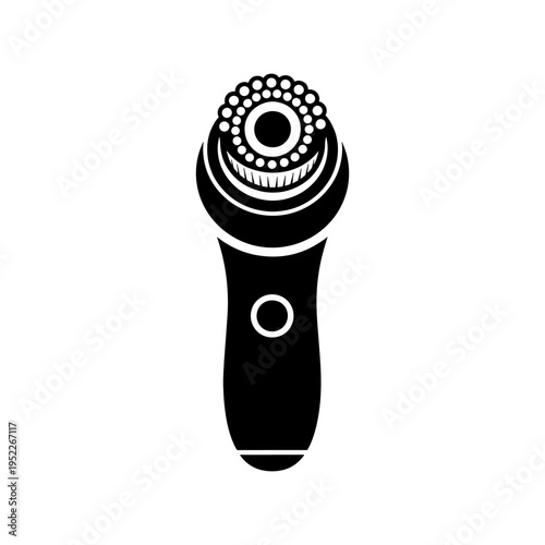 A sleek black facial cleansing brush is depicted in a minimalist high contrast silhouette
