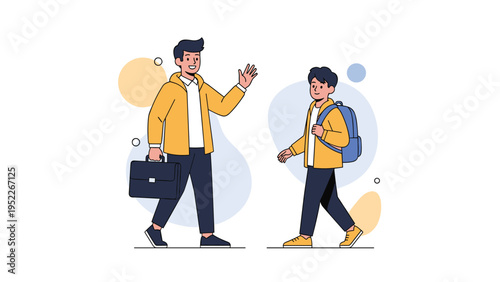 Man in yellow jacket waving goodbye to a schoolboy with a blue backpack as they walk in opposite directions in minimalist style.