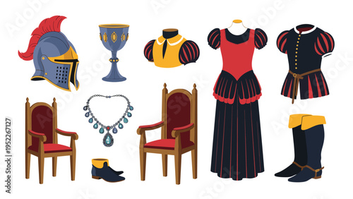 Medieval clothing and items collection featuring a knight helmet, goblets, royal chairs, gowns, tunics, boots, and jewelry accessories.