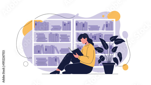 Young woman sitting on the floor in a library reading a book against a background of bookshelves and a potted plant in flat style.