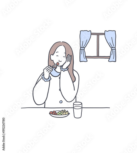 食後にフルーツを食べる女性のイラスト素材
