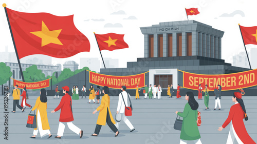 Vietnam national day celebration people walking with flags and banners september 2nd cultural festival