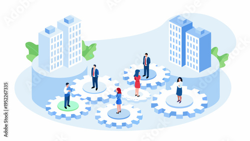 Isometric illustration depicting business professionals interacting within a mechanical system