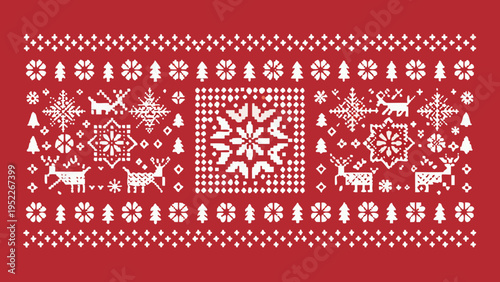 Festive nordic pattern with reindeer trees and snowflake motifs