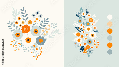 Floral arrangement with color palette featuring orange blue and white blooms