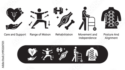 Physical Therapy Rehabilitation Icons Set with Care Movement and Posture
