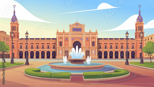 Vibrant city square with fountain and historic architecture building