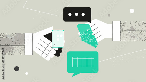Hands exchanging messages and data through mobile devices abstract illustration