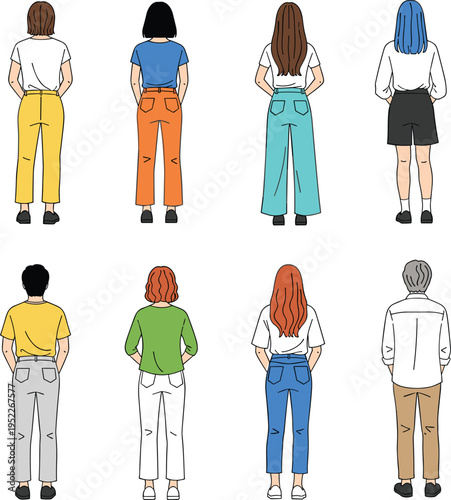 People Standing Back View Character Collection Diverse Men and Women Rear Perspective Illustration for Crowd, Fashion Outfit and Human Pose Reference