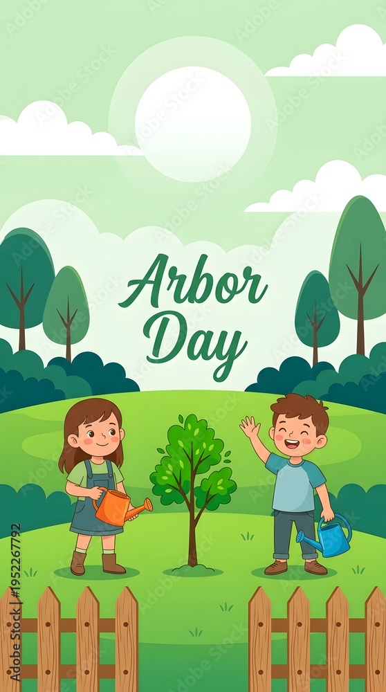 Naklejka premium A cute vertical illustration of a boy and a girl planting and watering a small tree behind a fence. Focus on teaching the younger generation about nature.