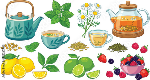 Herbal Tea Ingredients Collection with Chamomile, Mint, Lemon, Lime, Berries, and Teapot Set for Wellness, Detox, and Natural Drink Designs