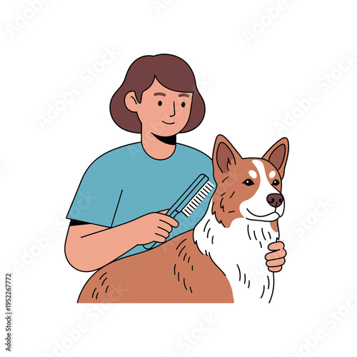 Woman grooming corgi dog with comb, pet care illustration