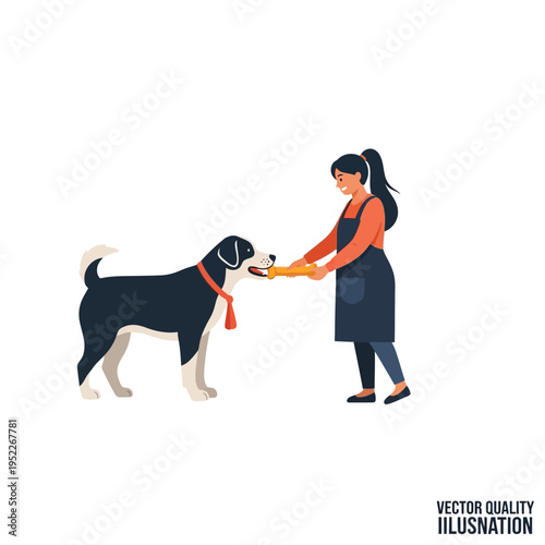 Woman playing tug-of-war with her dog using a chew toy, isolated vector illustration.