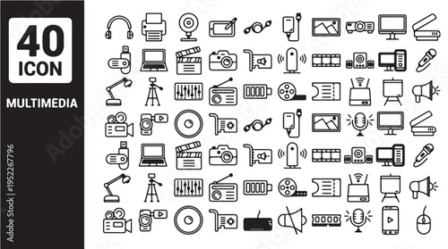 Multimedia Outline Icons Set, 40 Line Art Symbols for Digital Entertainment and Communication