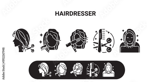 Hairdresser Services Icons Set Black and White Vector