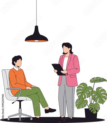 Psychologist Counseling Patient in Therapy Session, Mental Health Consultation Between Therapist and Client in Modern Office Vector Illustration