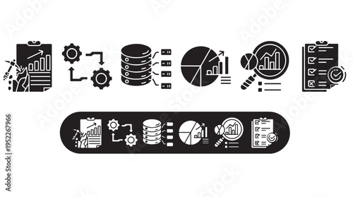 Data Analysis Glyph Icons Set Black and White for Business Intelligence Reporting