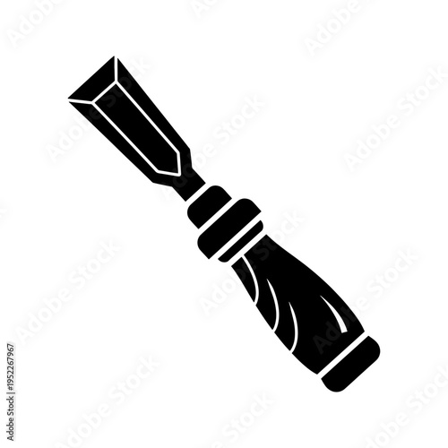 A striking black graphic depicts a wood chisel tool angled for carving in silhouette